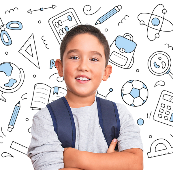 student wearing backpack with educational icons in background